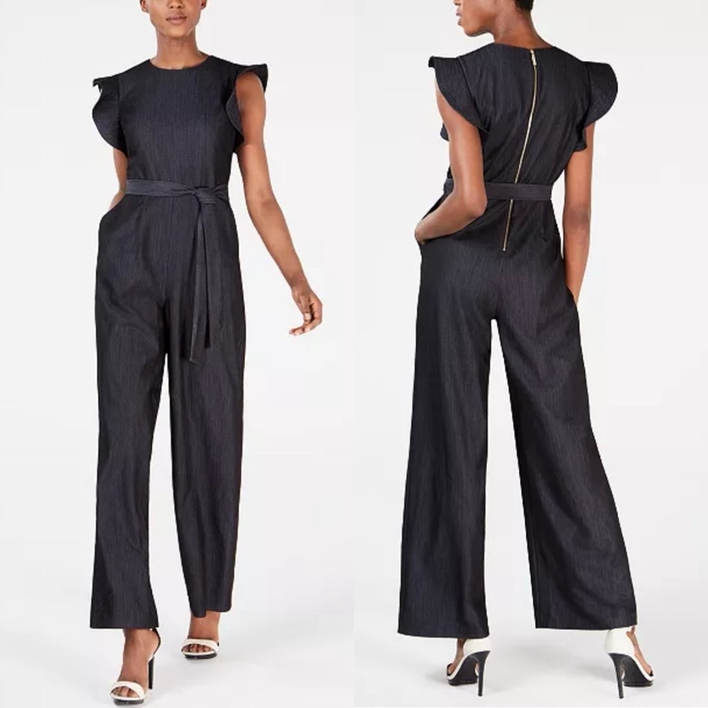 Calvin Klein Dark Wash Chambray Belted Ruffle-Sleeve Jumpsuit Womens 6